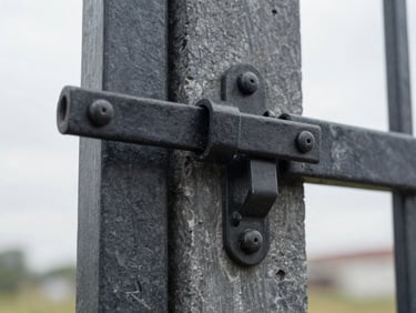 Close-up of a heavy black metal gate latch freshly repaired on a grey stone pillar, overcast daylight, sharp focus