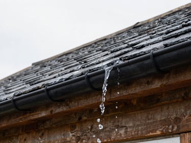 Close-up of a clean black gutter line on a slate roof, water flowing freely, bright overcast South Wales daylight, sharp focus