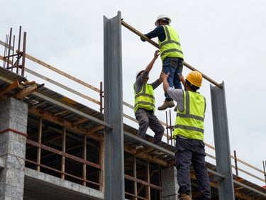 Medium shot of construction workers in safety vests assembling structural steel on a high-rise project in Johor Bahru.