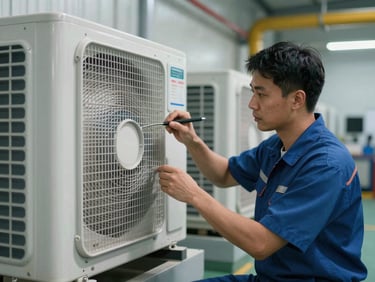 A maintenance technician inspecting HVAC systems inside a modern commercial facility in Johor.