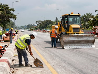 Civil engineers and heavy labor working on a highway expansion project in Malaysia under bright daylight.