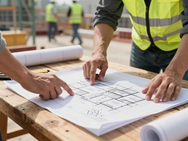 Close-up of a construction supervisor's hands reviewing architectural blueprints on a wooden table at a busy outdoor job site, bright natural daylight.