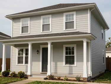 Wide shot of a freshly painted two-storey home exterior, natural daylight, clean siding and trim in a classic neutral palette, no people or vehicles