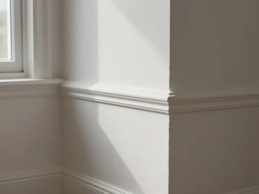 Close-up of a freshly painted interior wall corner with crisp trim work, natural window light, clean paint line at baseboard, no people