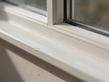 Extreme close-up of a freshly painted window trim corner, crisp paint line between wall and trim, natural daylight raking across the surface showing smooth roller finish, no people