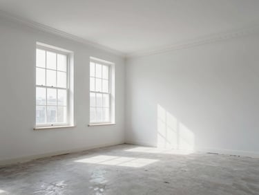 Wide interior room with freshly painted walls in soft white, natural daylight from tall windows illuminating clean edge work along crown moulding, no staging or furniture clutter