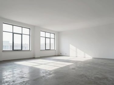 Wide environmental shot of a freshly painted commercial office space, clean white walls, natural daylight from large windows, no people
