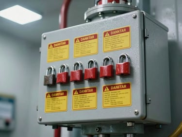 Close-up of a heavy industrial lockout box with multiple red padlocks and danger tags secured to a steel isolation switch under harsh overhead lighting.