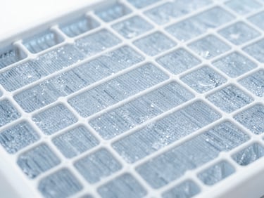 macro shot of a sparkling clean AC evaporator coil after deep disinfection, clinical light, ice-blue tones