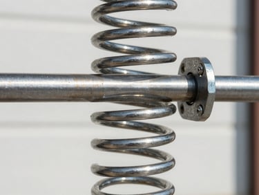 Macro shot of a heavy-duty garage door torsion spring mounted on a steel shaft, crisp industrial photography.