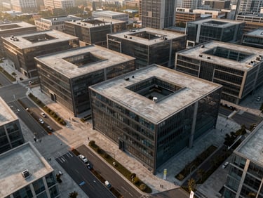 Aerial wide-angle view of a modern concrete and glass urban masterplan at golden hour, long shadows cutting across public plazas, premium architectural photography
