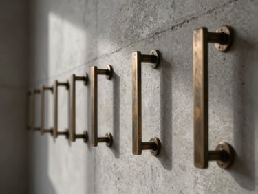 Close-up macro detail of bespoke bronze hardware and raw concrete wall inside a minimalist architectural studio in Paris, soft dramatic natural light