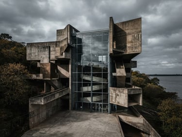Wide-angle architectural photography of a monolithic concrete pavilion with soaring glass facades, sharp geometric shadows under an overcast sky, desaturated tones