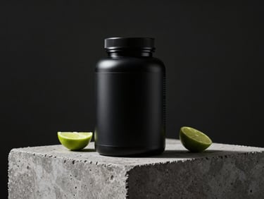 Moody, high-contrast studio shot of sleek black supplement packaging on a raw concrete block, sharp directional lime highlights