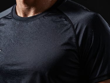 Close-up of premium sportswear texture with sweat droplets, dramatic low-key studio lighting, intense athletic focus