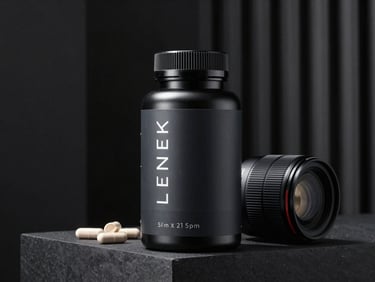 Sleek modern supplement packaging in an architectural setting, high-contrast dramatic studio lighting, deep charcoal tones, 35mm lens