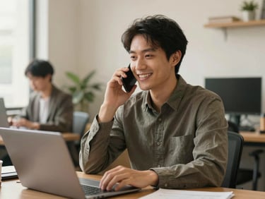 An approachable male attorney in a light-filled office, speaking on a smartphone and smiling, warm natural daylight, authentic environment.