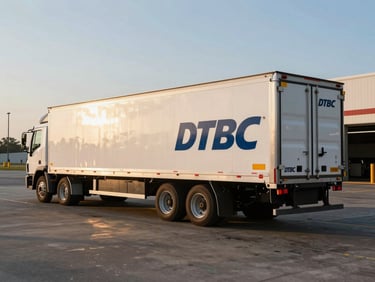 Wide daylight shot of an enclosed car carrier truck parked at a loading dock, side profile showing the carrier's secure doors and DTDC branding, golden hour light casting long shadows, empty road in background, vehicle in sharp focus.