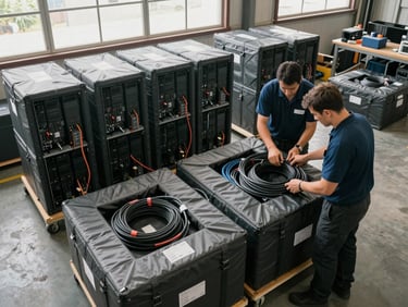 Overhead wide shot of two crew members securing computer equipment into padded transport boxes, cables neatly coiled, natural daylight from warehouse windows illuminating the work surface, boxes labeled with item codes, multiple IT units staged behind them ready for packing.