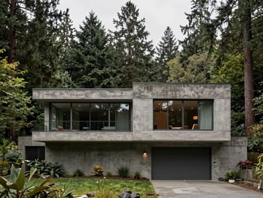 Flat-on architectural elevation of a brutalist concrete home surrounded by dense Pacific Northwest pines, overcast daylight.