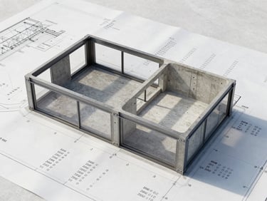 Detailed architectural blueprint with cost estimations overlaid, crisp natural daylight, cool concrete tones, wide-angle lens, high-contrast structural details.