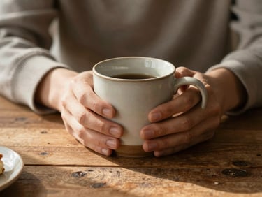 Close-up of hands holding a warm ceramic mug on a rustic wooden dining table, soft morning sunlight casting gentle shadows, cozy textile background.
