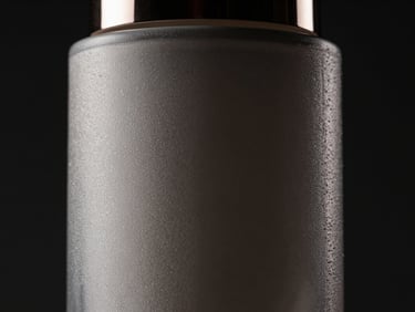 Photorealistic 3D render of a premium cosmetic bottle, macro detail showing texture, dramatic studio lighting, high-contrast dark background, cinematic mood.