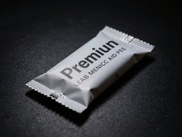 Dramatic low-angle product portrait of a premium packaged item on a dark surface, with a sleek flyer beside it, high-contrast lighting.