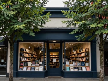 A street-level view of a local bookstore storefront in Seattle, soft overcast daylight, green trees framing the glass window.
