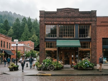 Wide environmental shot of a historic brick storefront in a Washington town like Bellingham, soft Pacific Northwest daylight, evergreen trees in background, authentic street-level perspective