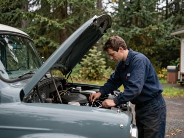 A mechanic in a clean garage working under the hood of a vintage truck, soft natural workshop lighting.