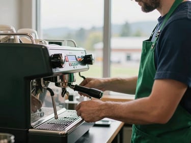 A close-up of a barista in an evergreen apron operating a polished espresso machine, soft overcast daylight through a window.