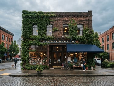 A wide-angle editorial shot of a historic brick storefront in Tacoma, soft overcast morning light, rich green ivy on the wall.