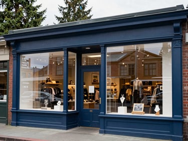 A vibrant local boutique storefront in Tacoma, soft overcast PNW light, clean glass windows reflecting historic brick architecture.