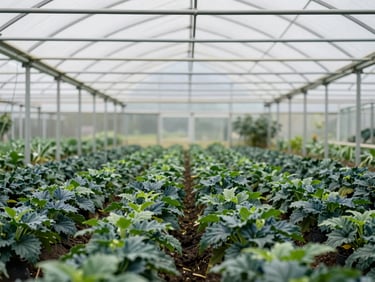 An organic nursery in Yakima, rows of green starts under a large greenhouse frame, soft diffused daylight.