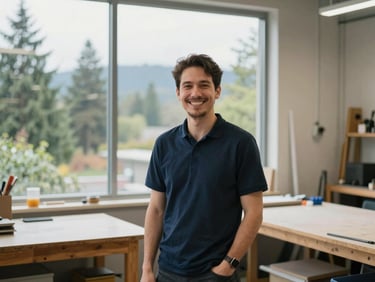 A local business owner smiling in a bright, clean Seattle workshop, natural overcast daylight filtering through large windows, authentic environment