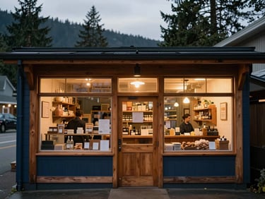 A cozy wooden bakery storefront in Bellingham, warm lights glowing inside against a soft overcast dusk sky.