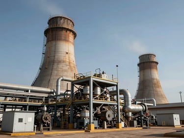 Industrial waste-to-energy facility in West Africa, featuring heavy steel structures and processing units under high-contrast midday sun.