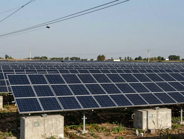 Sprawling solar panels stretching to the horizon under natural daylight, concrete substations and power lines framing the shot