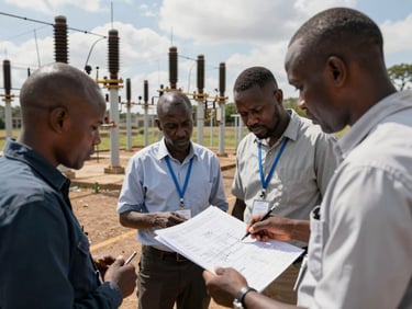 High-contrast environmental shot of an engineering team reviewing physical schematics on-site at a substation in East Africa under natural daylight.