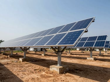 Low-angle wide shot of a massive utility-scale solar array in Nigeria under intense midday sun, dusty concrete footings visible, industrial substation in the background.