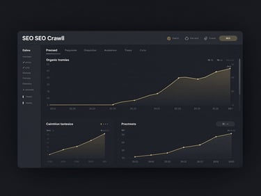 A clean, minimalist dark-mode dashboard displaying technical SEO crawl maps, organic traffic growth curves, and precise acquisition metrics with subtle gold accents.