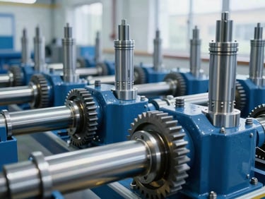 Close-up of highly detailed steel hydraulic pistons and heavy machinery gears operating in a bright, clean industrial environment, cool blue tones, metallic sheen.