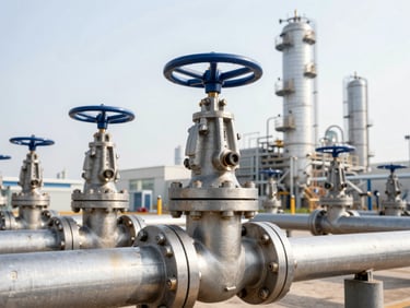 High-contrast macro shot of heavy industrial hydraulic valves and steel pipes in a modern refinery, bright daylight, cool steel tones