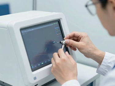 Technician's hands performing precision calibration on a medical device screen, close-up, sterile clinical environment, bright cool-toned daylight, sharp focus, 35mm