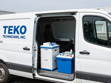 Service vehicle with 'TEKO TECHNICIANS, INC.' branding, doors open revealing organized tools and medical equipment parts, bright cool-toned daylight, sharp focus, 35mm