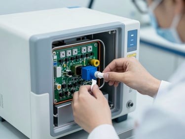 Biomedical technician inspecting internal components of an anesthesia machine, clean clinical environment, close-up of complex circuit board, bright cool-toned daylight, sharp focus, 35mm