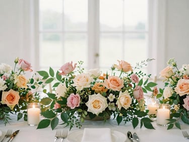 Elegant wedding tablescapes with low, organic floral arrangements of pastel roses, textured foliage, and warm candlelight, soft overcast daylight, 35mm