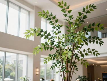 A bright, modern hotel lobby featuring a large, structural floral installation with tall branches and fresh green leaves, high-key natural light, 35mm