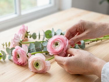 Close-up detail of hands arranging delicate pink ranunculus and soft green eucalyptus stems on a light wooden table, bright natural daylight, 35mm